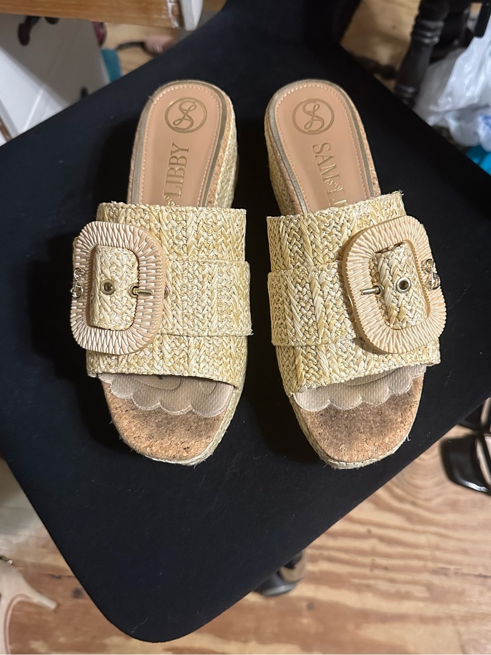 Sam & Libby Natural Straw Woven Buckle Mules